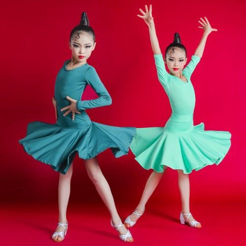 Girls kids dark green yellow mint latin dance dresses stage performance modern ballroom latin dance costumes for children